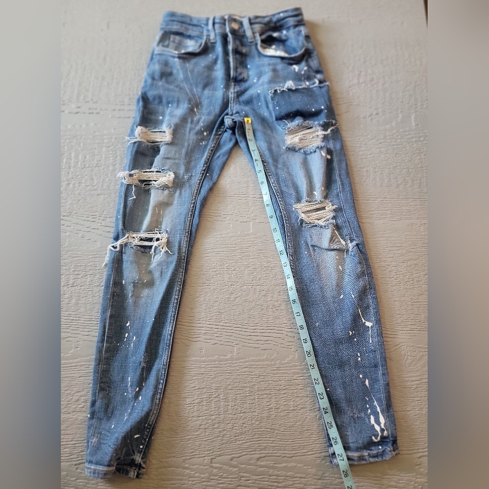 ♡Zara‎ Paint Splatter Distressed Blue Denim Jeans B-1